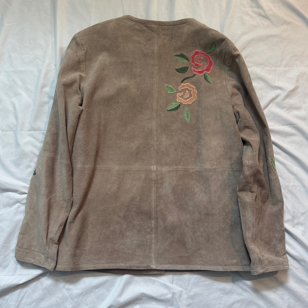 Vintage 90s Tan Genuine Suede Jacket Skirt Set w Floral Embroidery Boho Indie - Picture 7 of 15
